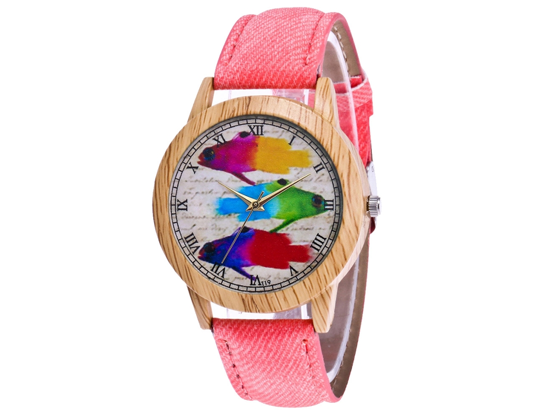 Relógio de casal Zhoulianfa com mostrador colorido de peixes e pulseira de jeans (rosa)
