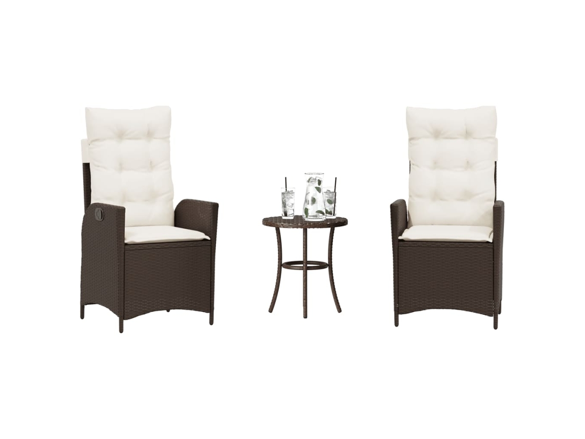 Vidaxl 3 Pcs Conjunto Bistrô Com Almofadões Vime Pe Castanho