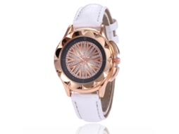 Relógio feminino de quartzo com pulseira e mostrador em couro PU com pedras brilhantes (branco)