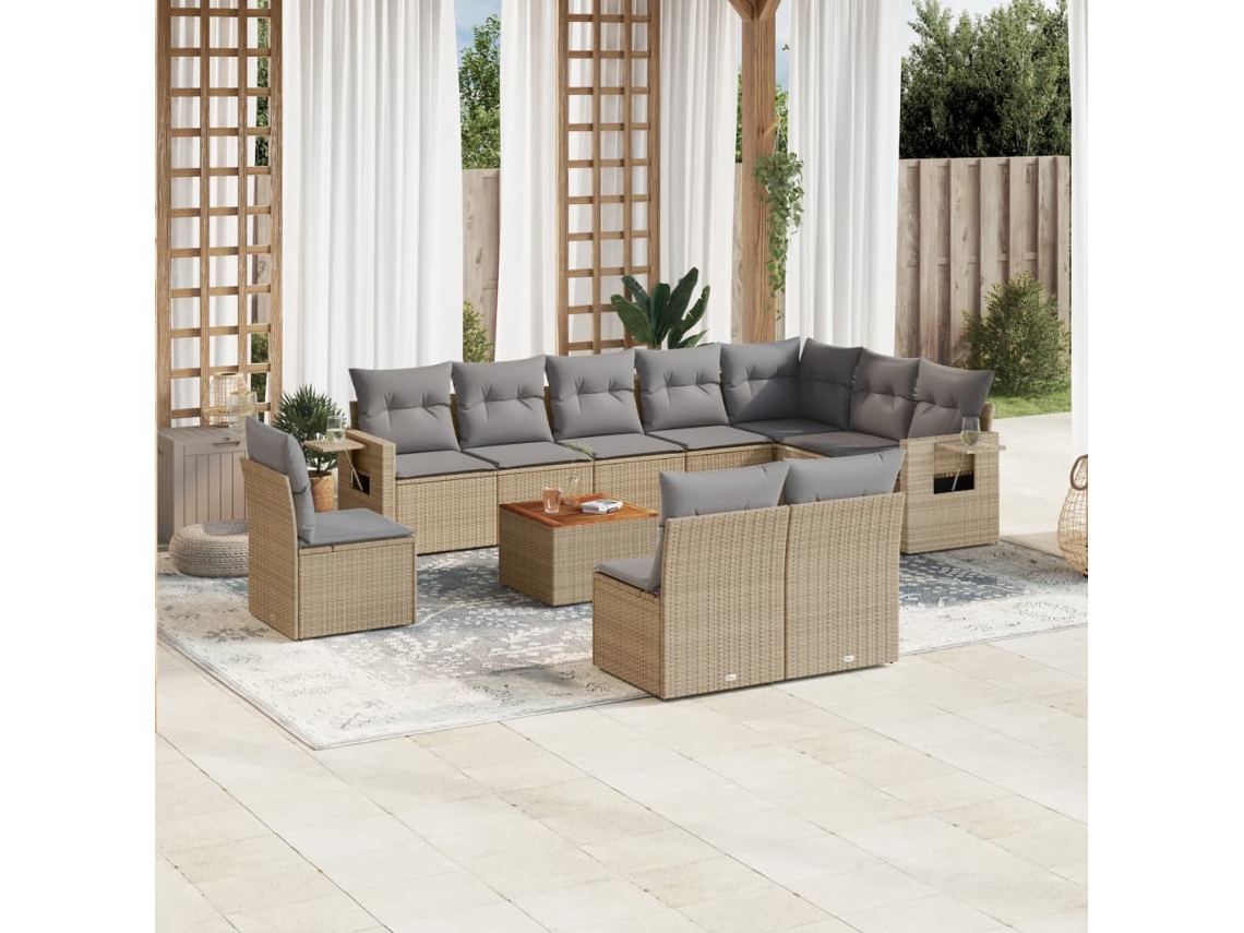 Vidaxl 11 Pcs Conjunto Sofás De Jardim C/ Almofadões Vime Pe Bege