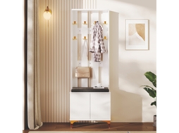 Conjunto Roupeiro com Banco para Sapatos e Almofada, Guarda-Roupa Branco com Ganchos Organizadores