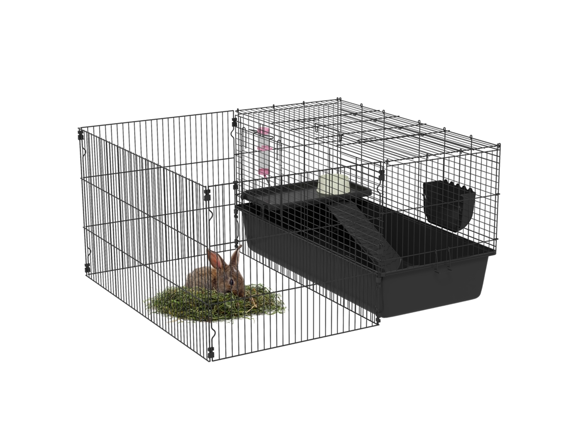 Gaiola para Pequenos Animais com Recinto Removível. Cercadinho com Estábulo. Incluindo Acessórios. Preto Ge