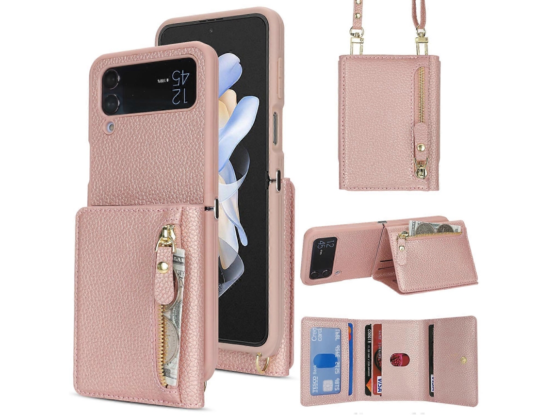 Capa Tkdaddy Para Samsung Galaxy Z Flip4 5g Com Suporte Para Cartão E Textura De Lichia, Capa De Telefone De Tpu Com Alça Longa Em Ouro Rosa