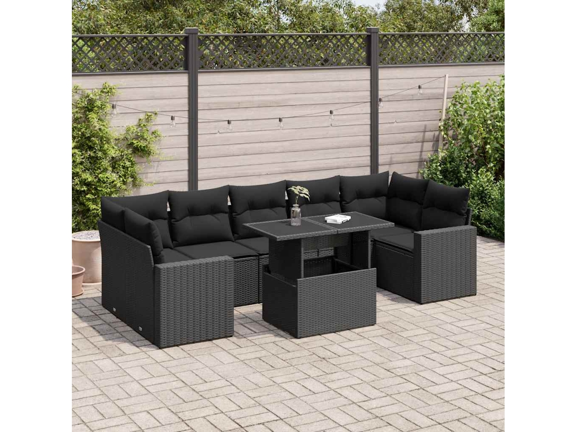 Vidaxl 8 Pcs Conjunto Sofás De Jardim Com Almofadões Vime Pe Preto