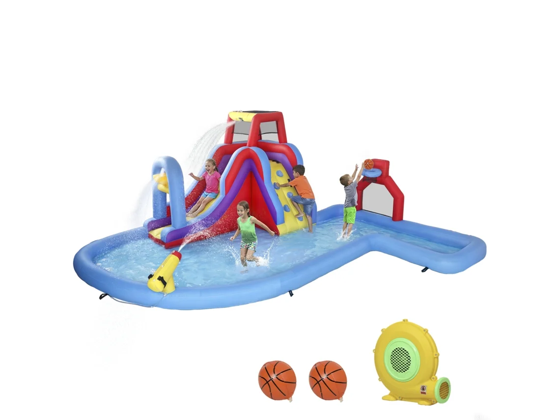 Castelo Insuflável Aquático com Insuflador 550w Escorrega Parede de Escalada Piscina Aro de Basquetebol Baliza de Futebol Ge