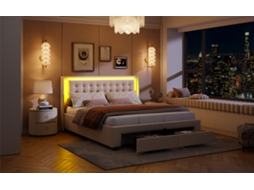 CAMA DE CASAL 160x200cm em veludo, com arrumação, compartimento hidráulico, luzes de leitura, bege