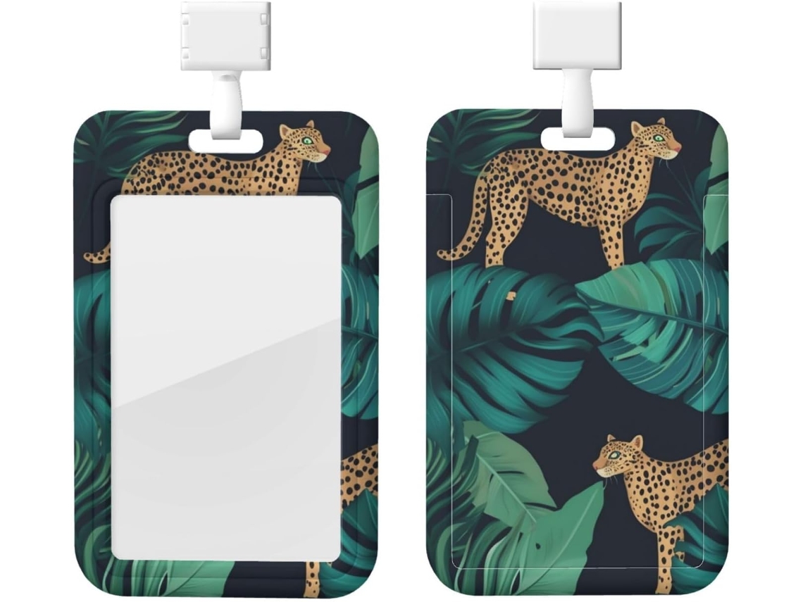 Porta Crachá Com Estampa Leopardo E Folha De Palmeira, Protetor Vertical Com Cordão, Capa Plástica Impermeável, Estojo