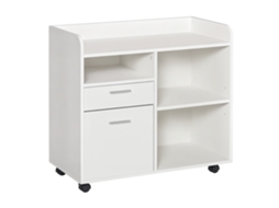 Armário Para Impressora Com 3 Compartimentos 2 Gavetas Para Arquivos Prateleira Ajustável 2 Rodas Com Freios 80x40x72 Cm Branco