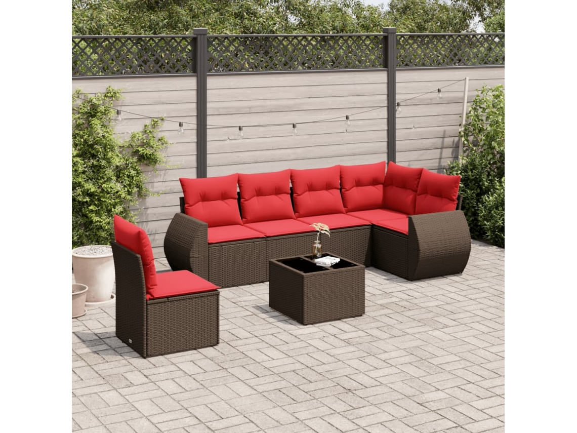 Vidaxl Conjunto De Sofá De Jardim Com 7 Peças E Almofadas Em Rattan Sintético Marrom