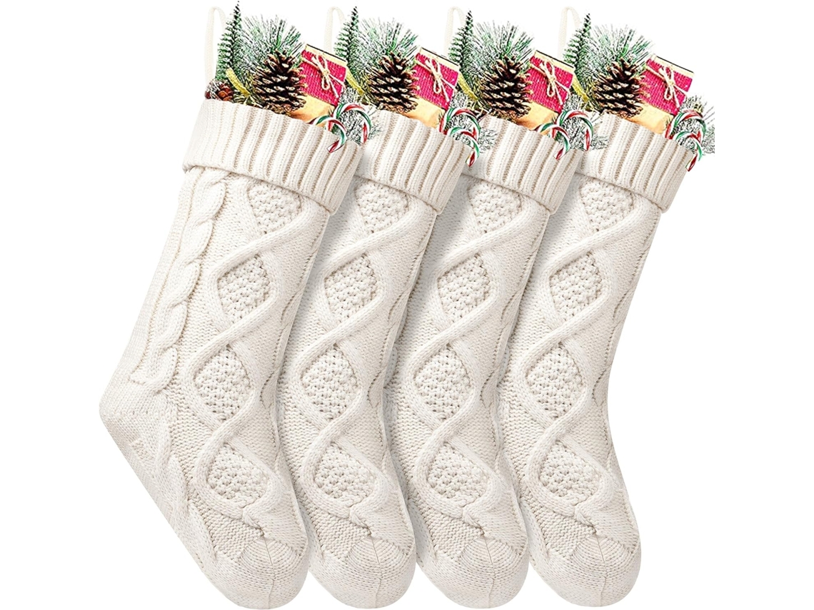 Meias De Natal 18 Polegadas, Grandes, Tricotadas, 4 Unidades, Branco Marfim, Para Decoração De Festa De Natal