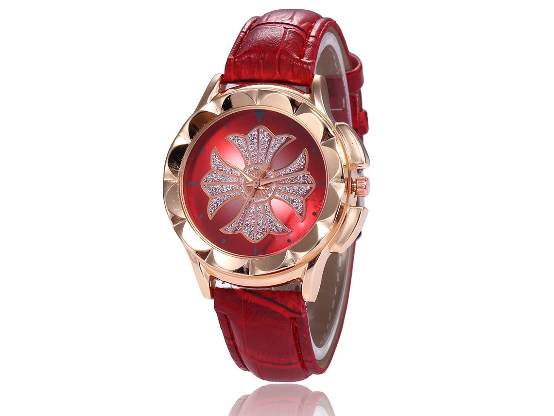 Relógio feminino de quartzo com pulseira de couro sintético e estampa floral com pedras (vermelho)