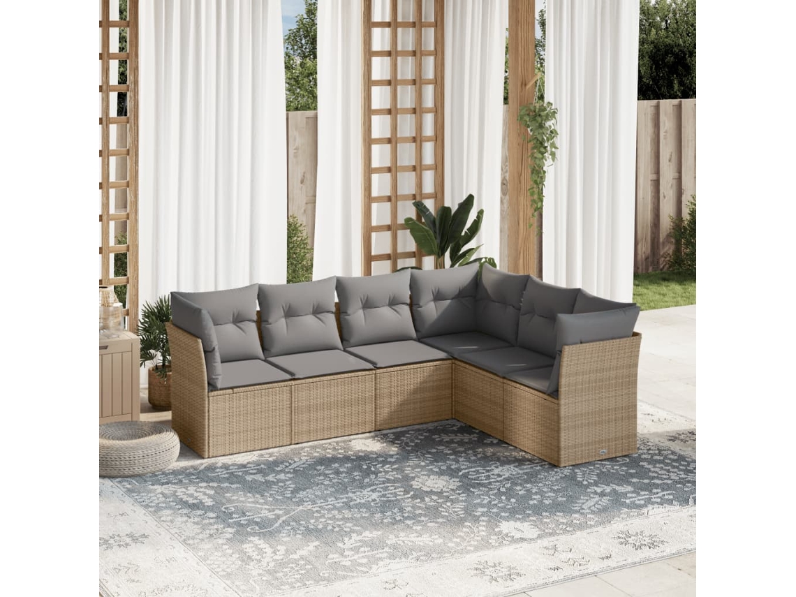 Vidaxl 6 Pcs Conjunto De Sofás P/ Jardim Com Almofadões Vime Pe Bege