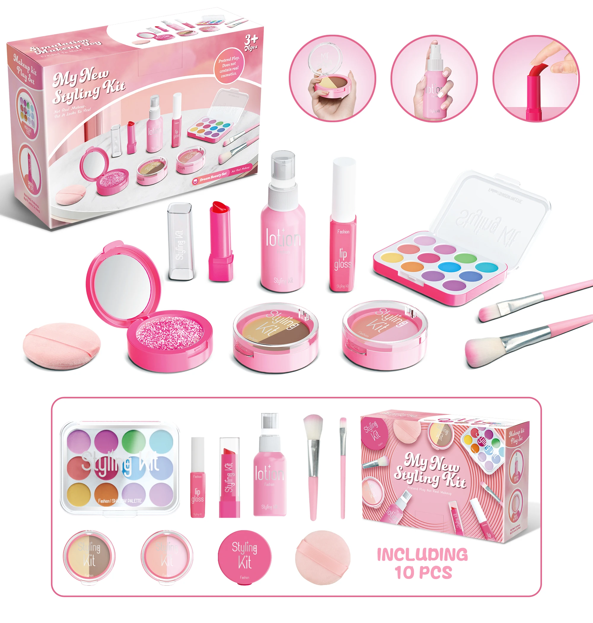 (rosa, Conjunto De 10 Peças) Brinquedos Cosméticos, Simulação, Não Pode Ser Aplicado, Batom, Pó Compacto, Blush, Presente Para Meninas