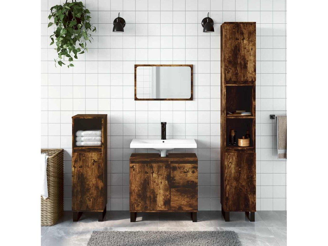 Vidaxl 3 Pcs Conjunto De Móveis Wc Madeira Processada Carvalho Fumado