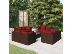 Vidaxl 9 Pcs Conjunto Lounge De Jardim C/ Almofadões Vime Pe Castanho