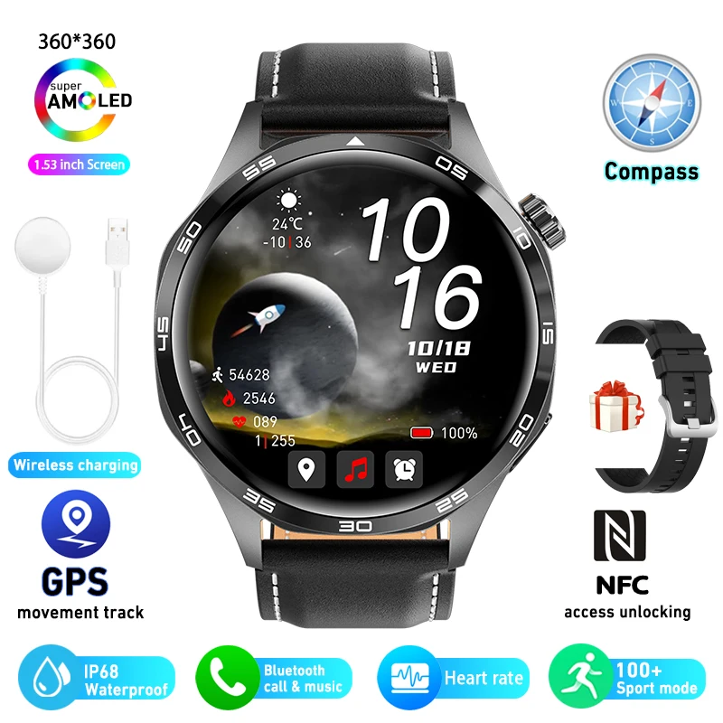 (pulseira De Couro Preta) Smartwatch Watch5 Pro, Tela Hd, Chamadas Bluetooth, Nfc, Gps