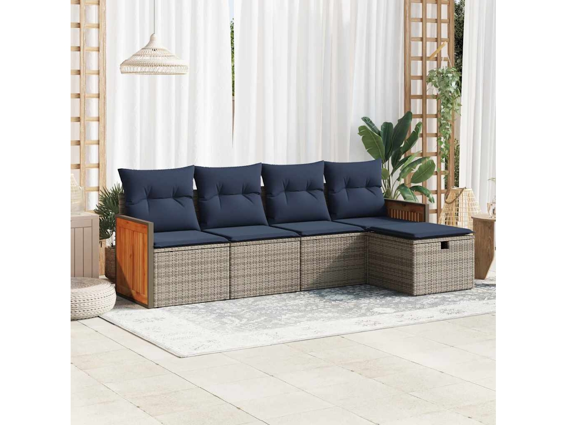 Vidaxl 5 Pcs Conjunto Sofás De Jardim C/ Almofadões Vime Pe Cinzento