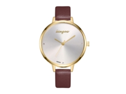 Relógio de Pulso Feminino Analógico de Quartzo com Pulseira Pu Clássico Simples Café