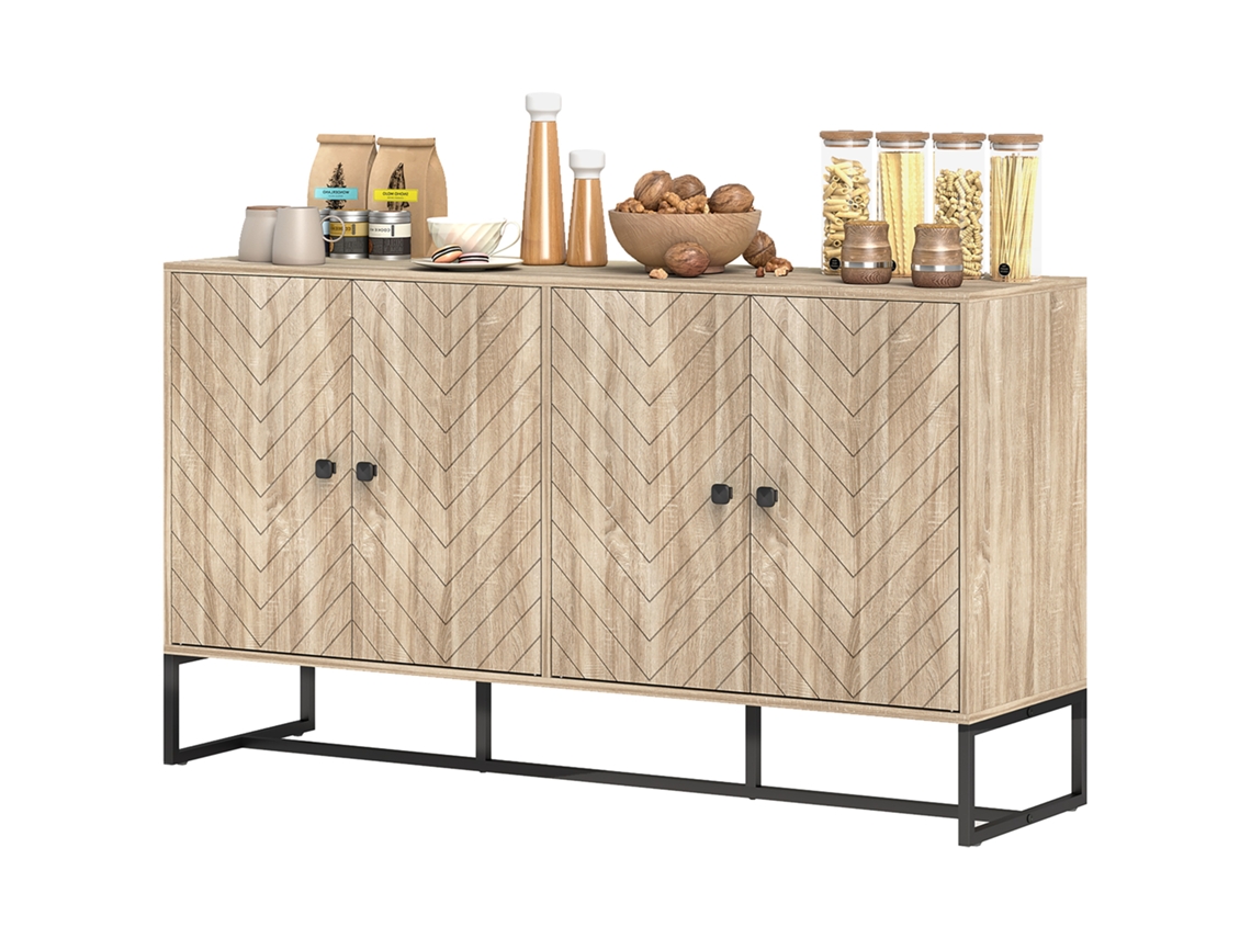 Aparador De Sala Com 4 Portas Com Design Chevron Prateleiras Ajustáveis Pés De Aço 140,5x40x81,5 Cm Carvalho