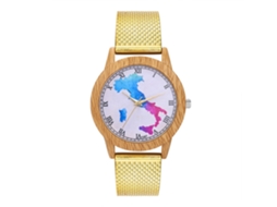 Relógio de quartzo unissex casual com pulseira de malha de aço, mostrador com mapa e numerais romanos, dourado Zhoulianfa