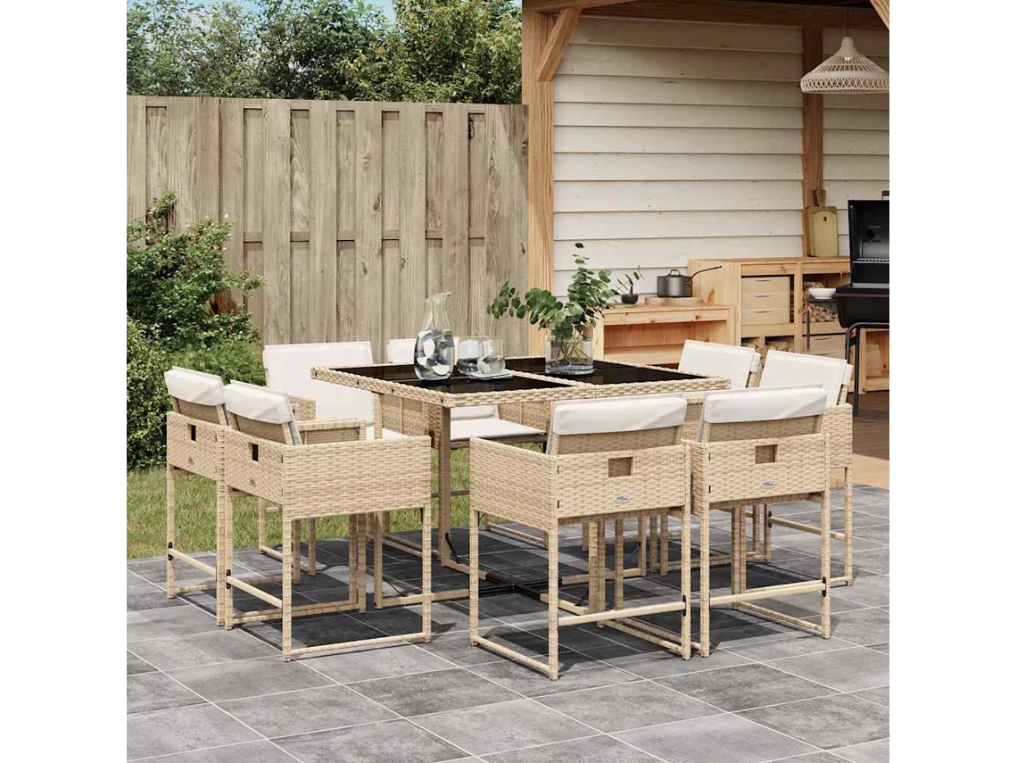 Vidaxl 9 Pcs Conjunto De Jantar P/ Jardim Com Almofadões Vime Pe Bege