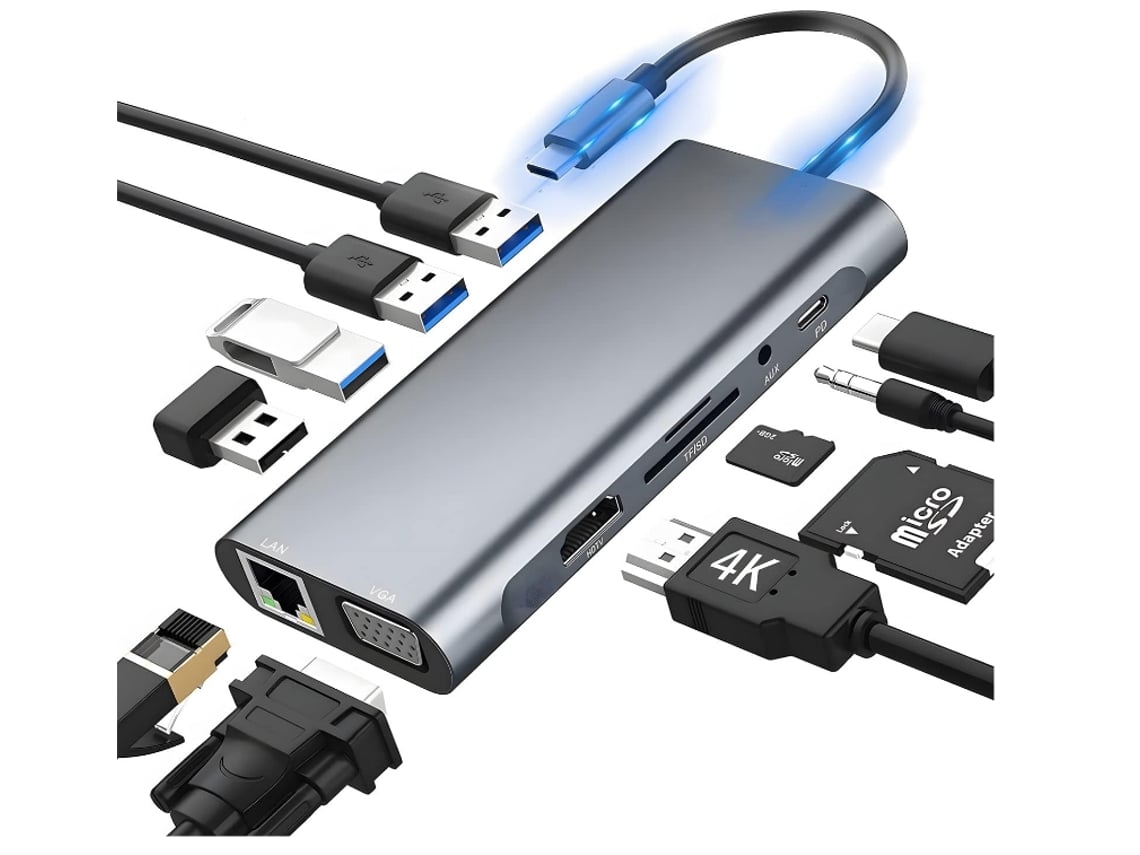 Hub Usb C Ethernet Rj45 Vga Porta Usb 100W Pd Aux Leitor de Cartão Sd/Tf Compatível para Macbook Xps Surface e Mais Laptop Tipo C Cinza