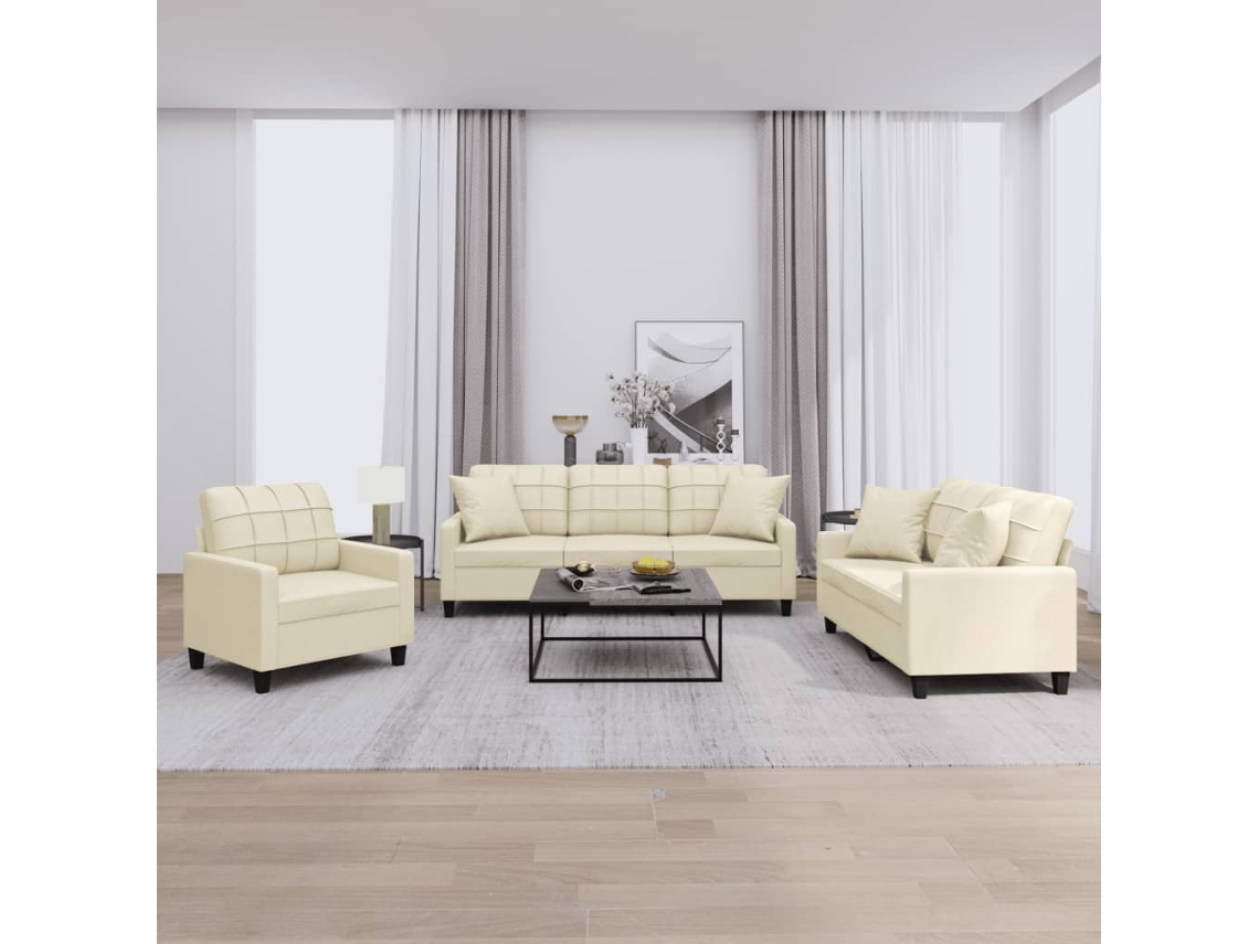 Vidaxl 3 Pcs Conjunto De Sofás Com Almofadas Couro Artificial Creme