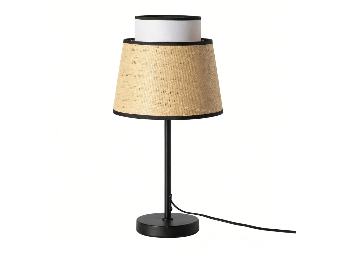 Candeeiro De Mesa Com Dupla Cúpula Em Vime Natural E Tecido Branco, Base Metálica Preta, Design Moderno Boémio, Casquilho E27.