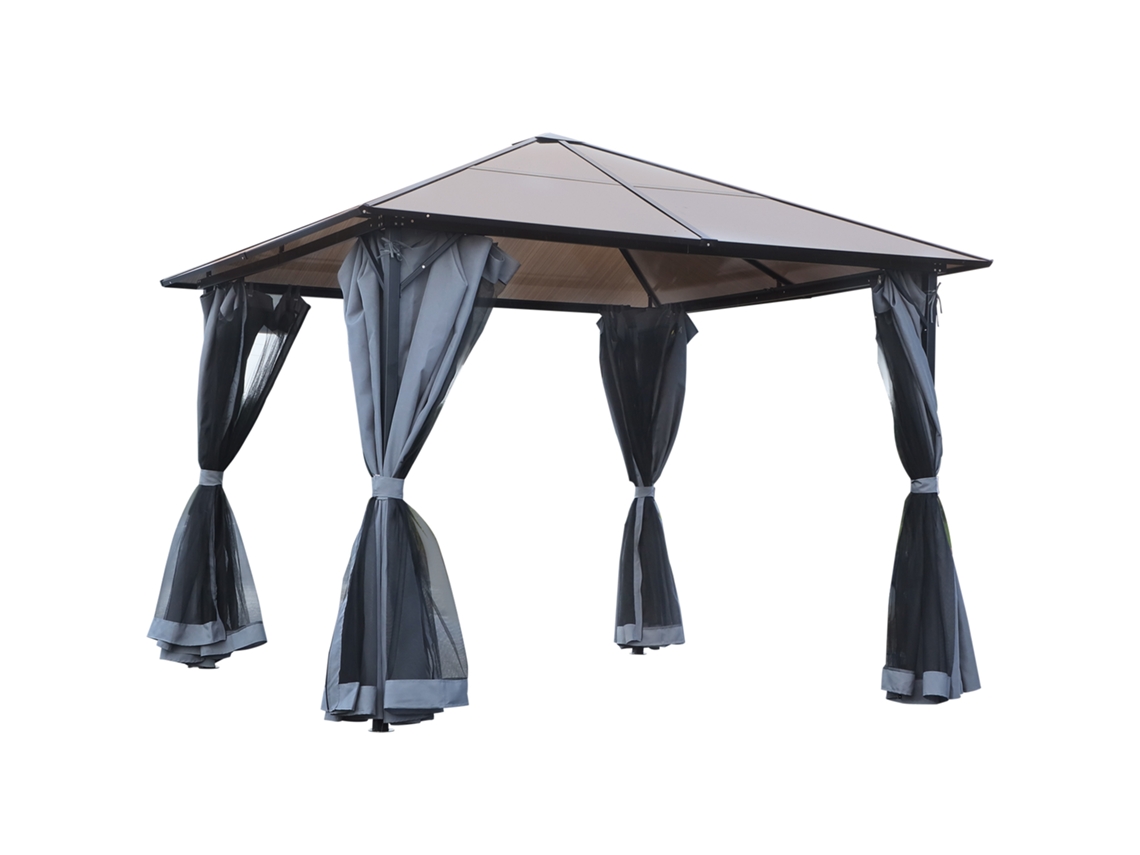 Quiosque com teto de policarbonato, cortinas com rede de proteção, moldura de alumínio, 3x3m, Cinza