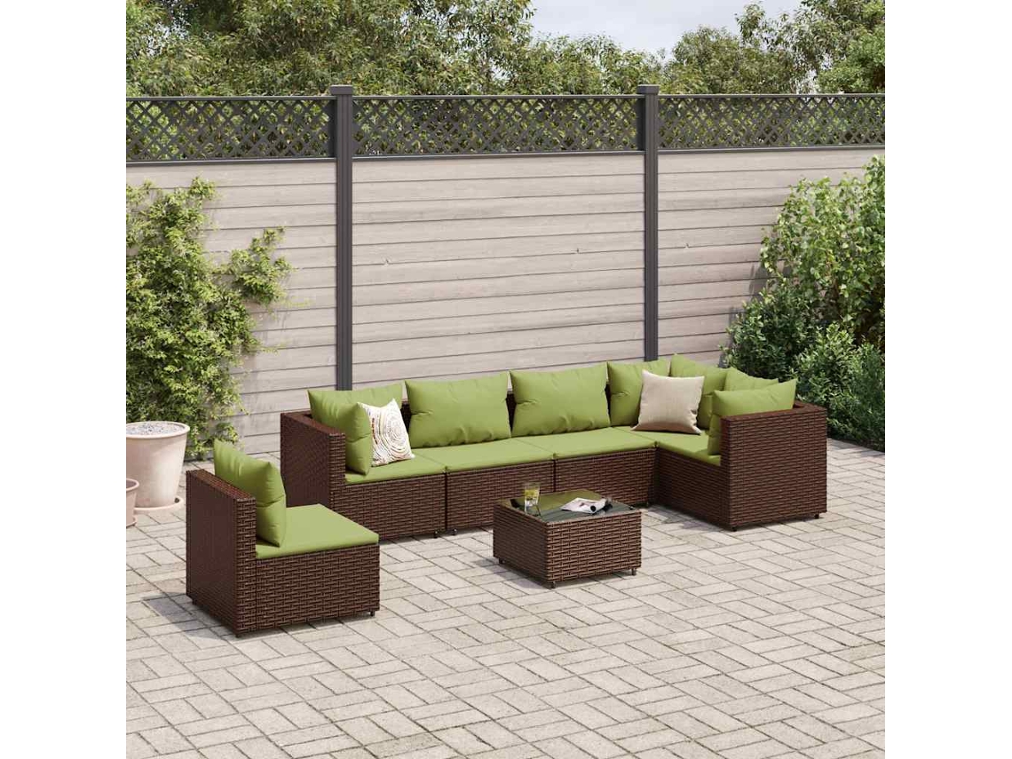 Vidaxl 7 Pcs Conjunto Lounge De Jardim C/ Almofadões Vime Pe Castanho