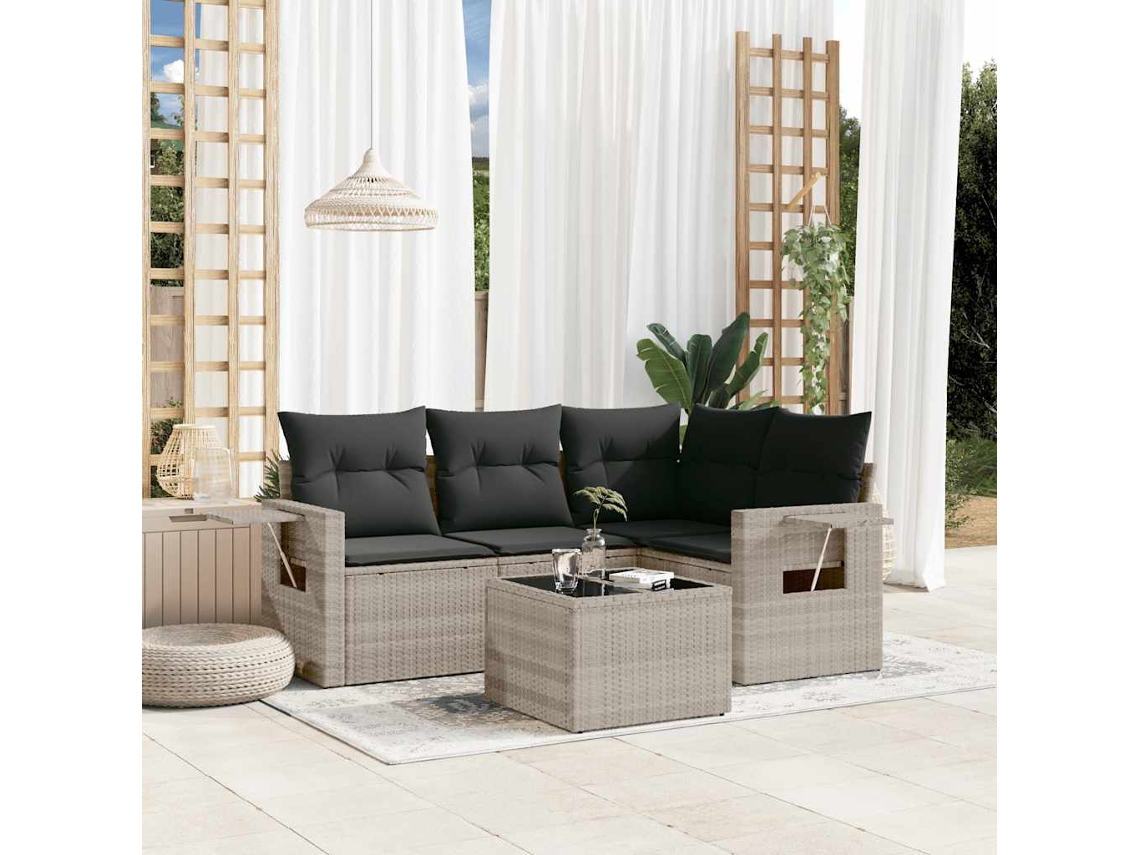 Vidaxl 5 Pcs Conj. Sofás Jardim C/ Almofadões Vime Pe Cinzento-claro