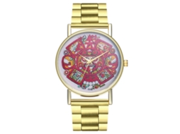 Relógio retrô para casal com calendário, pulseira de aço dourado e mecanismo de quartzo simples.