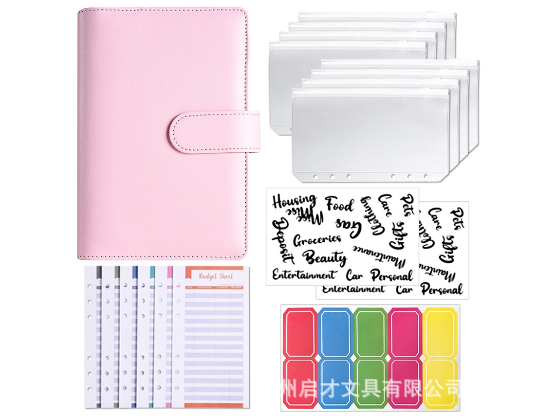 A6 Pu Leather Budget Binder Cash Envelope Organizer Pink Cover With 8-zipper Pouches, 12-budget Cards, 2-english Labels