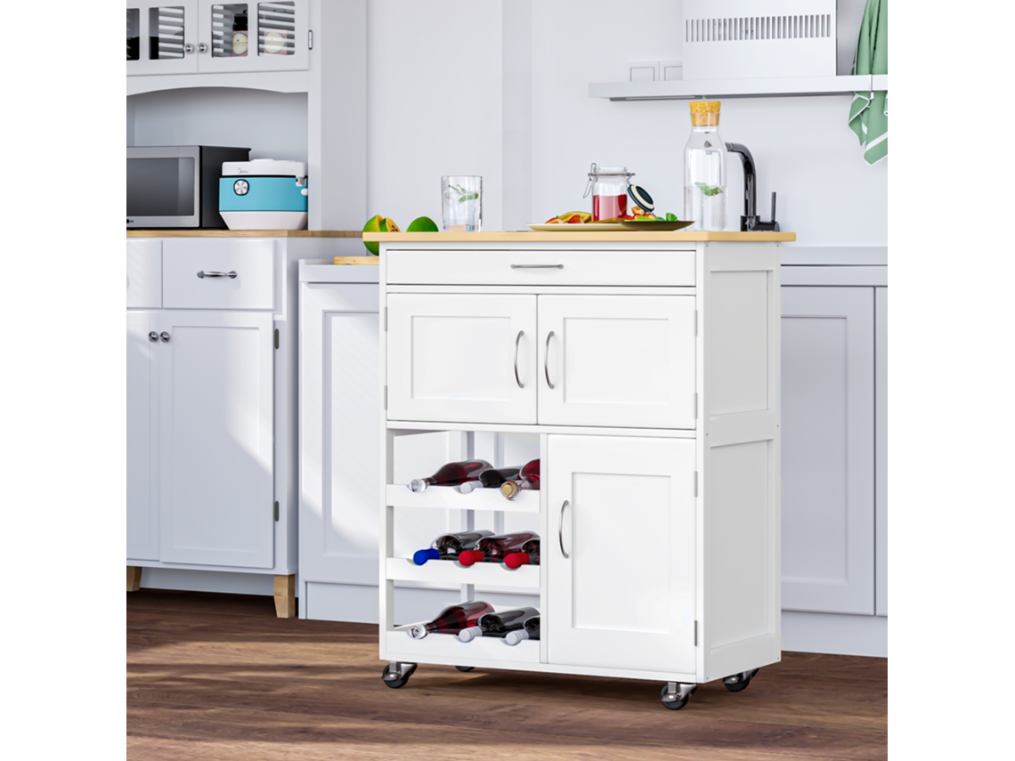 Carrinho de Cozinha com gaveta, prateleiras e suporte para 9 garrafas (67x37x87cm)