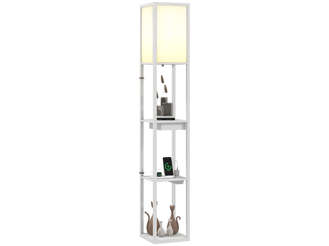 Luminária De Chão Branca Com Prateleira De Três Níveis E Interruptor Usb Em Mdf Para Decoração Moderna E Funcional