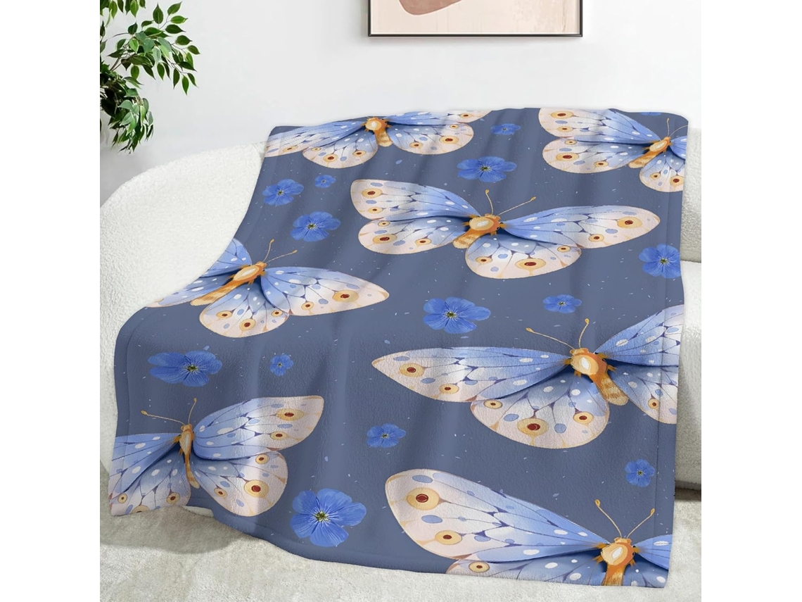 Manta com Estampa de Borboletas e Flores Azuis 180x200 Cm Multifuncional Macia Aconchegante em Flanela Ideal P
