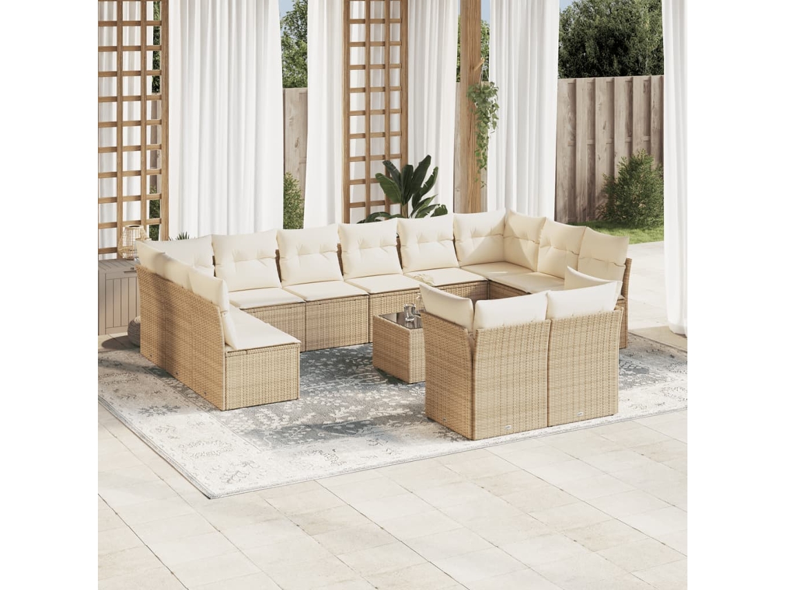 Vidaxl 13 Pcs Conjunto De Sofás P/ Jardim Com Almofadões Vime Pe Bege