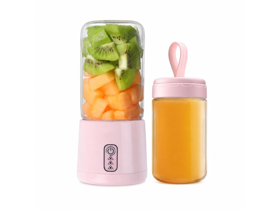 Liquidificador Portátil Usb Recarregável, 4 Lâminas Em Aço Inoxidável 304, Copo Duplo 300 Ml, Rosa Sakura