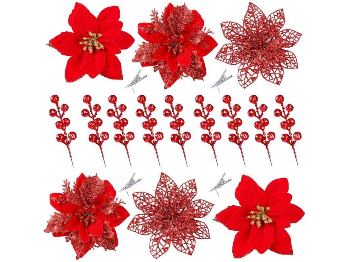 30 Peças Flores Poinsettia E Frutos Artificiais Com Clips Para Decoração De Natal (vermelho)