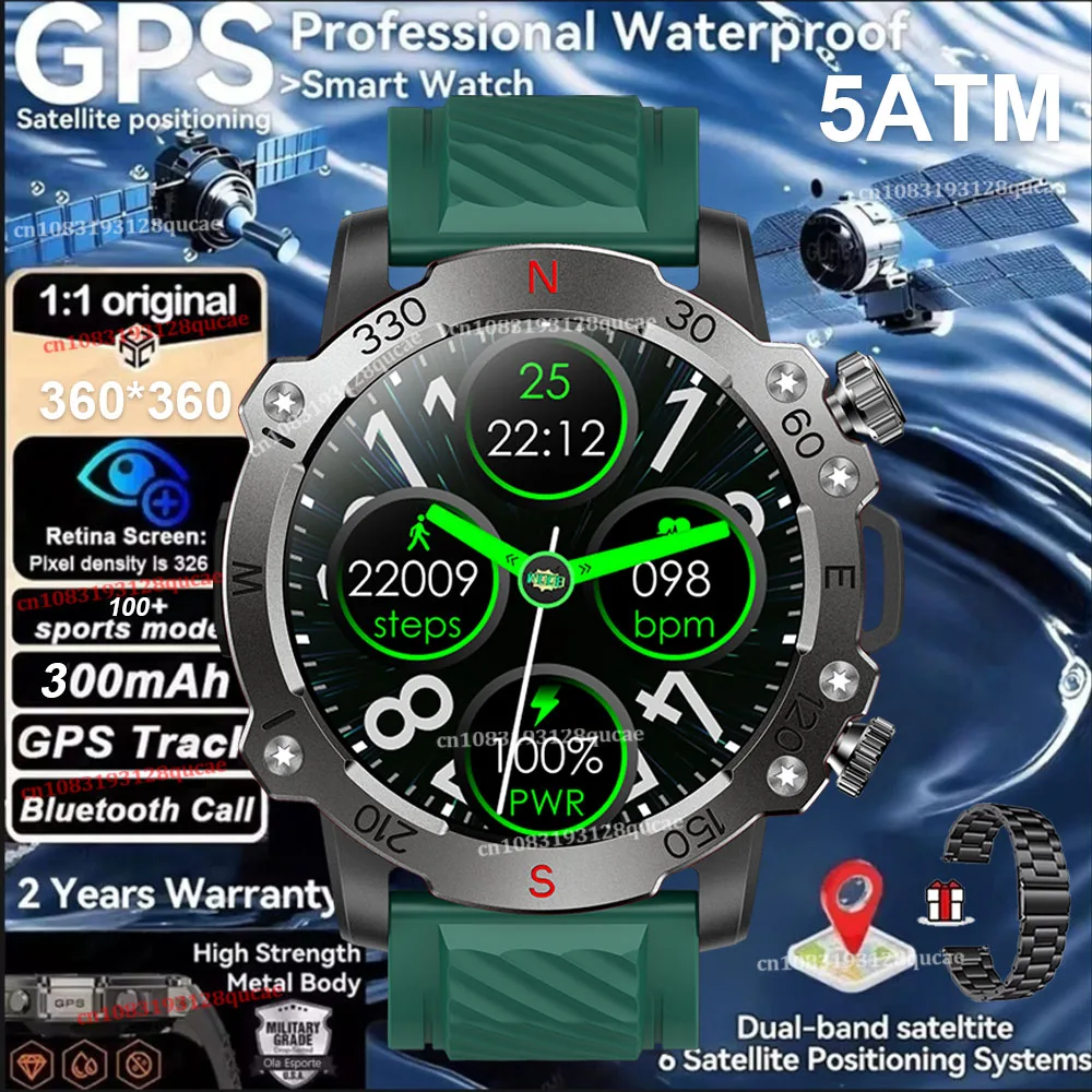 Smartwatch MDUG com GPS, à prova d'água, GPS GNSS de dupla frequência, atividades esportivas (verde, pulseira de aço)