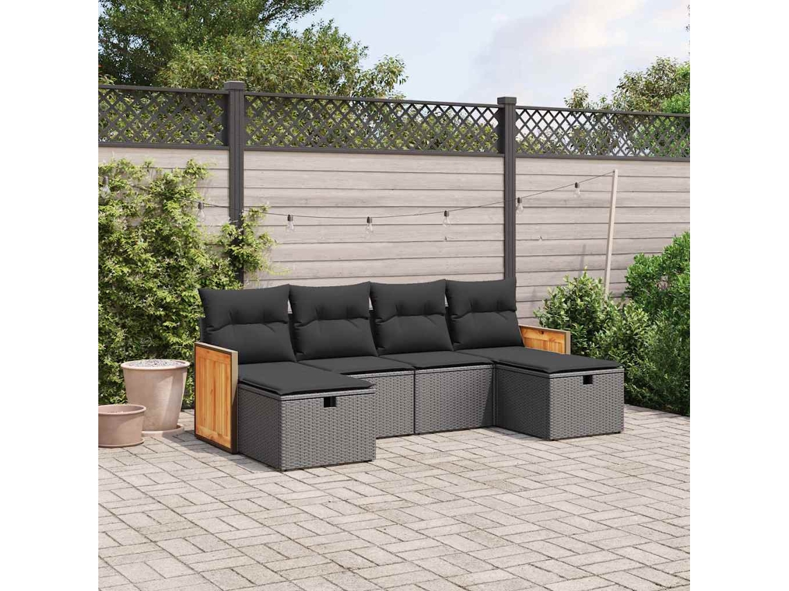 Vidaxl 6 Pcs Conjunto Sofás De Jardim C/ Almofadões Vime Pe Preto