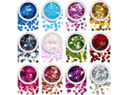 Decoração de unhas em formato de coração com glitter, luz e feita em PET, 12 caixas.