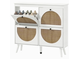 Armário Sapatos Com 4 Portas 20 Pares, Prateleira Ajustável E Pernas De Madeira Estilo Boêmio, 105x24x97,5cm, Branco