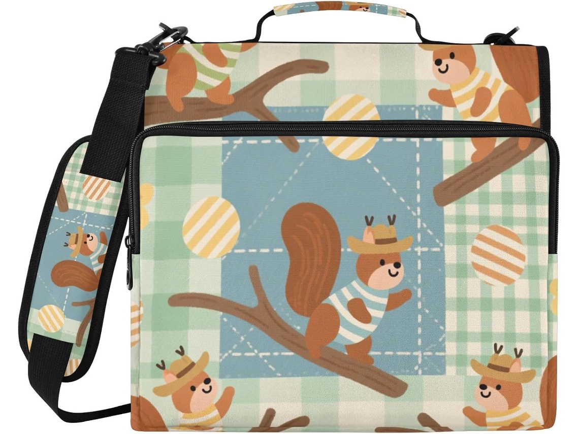 Pasta Marrom Com Estampa De Esquilo Verde, 3, 8cm 1, 5 Polegadas, 3 Argolas Com Fecho, Alça, Vários Bolsos, Bolsa