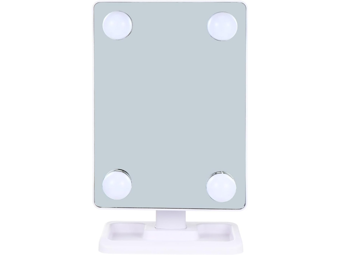 Espelho de mesa giratório com iluminação LED branca e estrutura em ABS.
