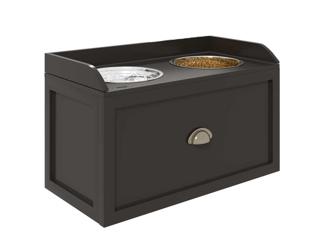 Comedouro Elevado para Cães com 2 Tigelas 2000ml de Aço Inoxidável Gaveta Oculta com Suporte de Madeira 60x30x36cm Marrom Escuro Ge