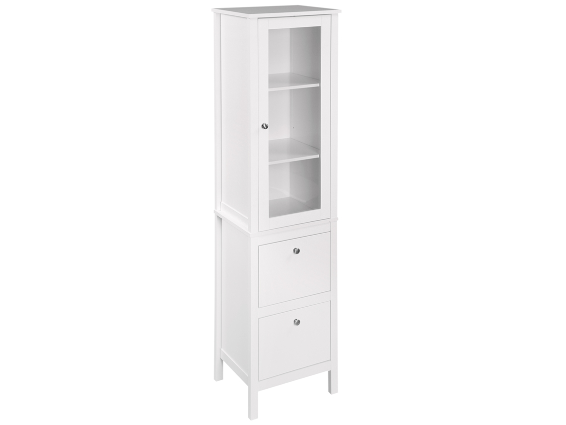 Armário Alto Para Banheiro Com 1 Porta De Vidro Prateleiras Ajustáveis E 2 Gavetas 43x35x160 Cm Branco