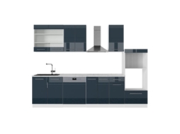 Cozinha Fame-Line, 300 cm com armário alto, PT Mármore, azul escuro/branco brilhante, VICCO