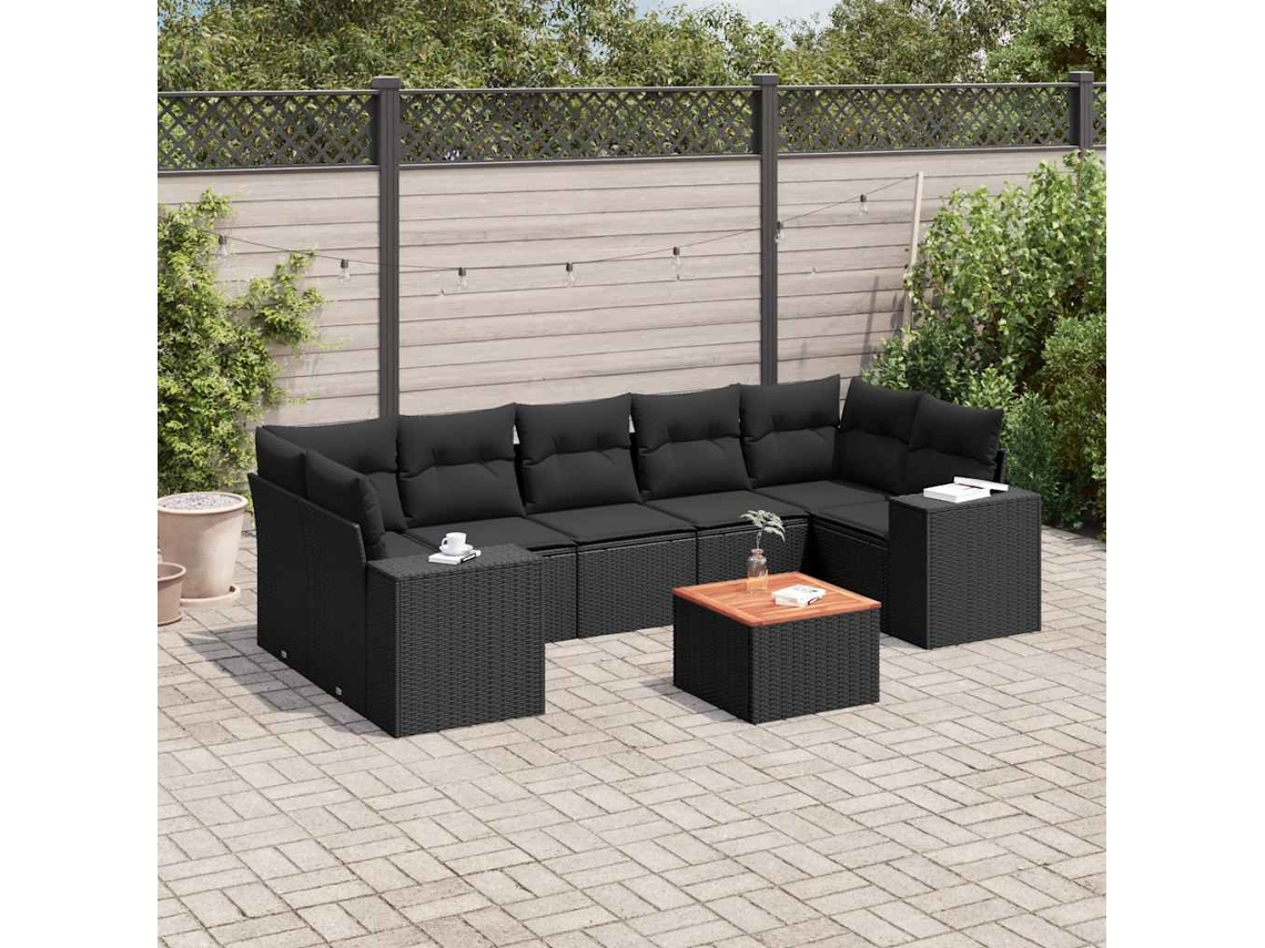 Vidaxl 8 Pcs Conjunto Sofás De Jardim Com Almofadões Vime Pe Preto
