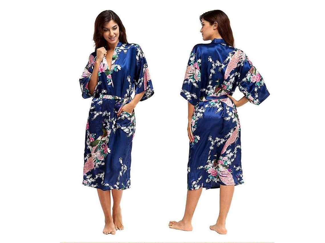 Roupa De Noite Kimono De Seda Saten Luxo Mulher Bata Longa Azul Escuro Rnzl L Azul Escuro
